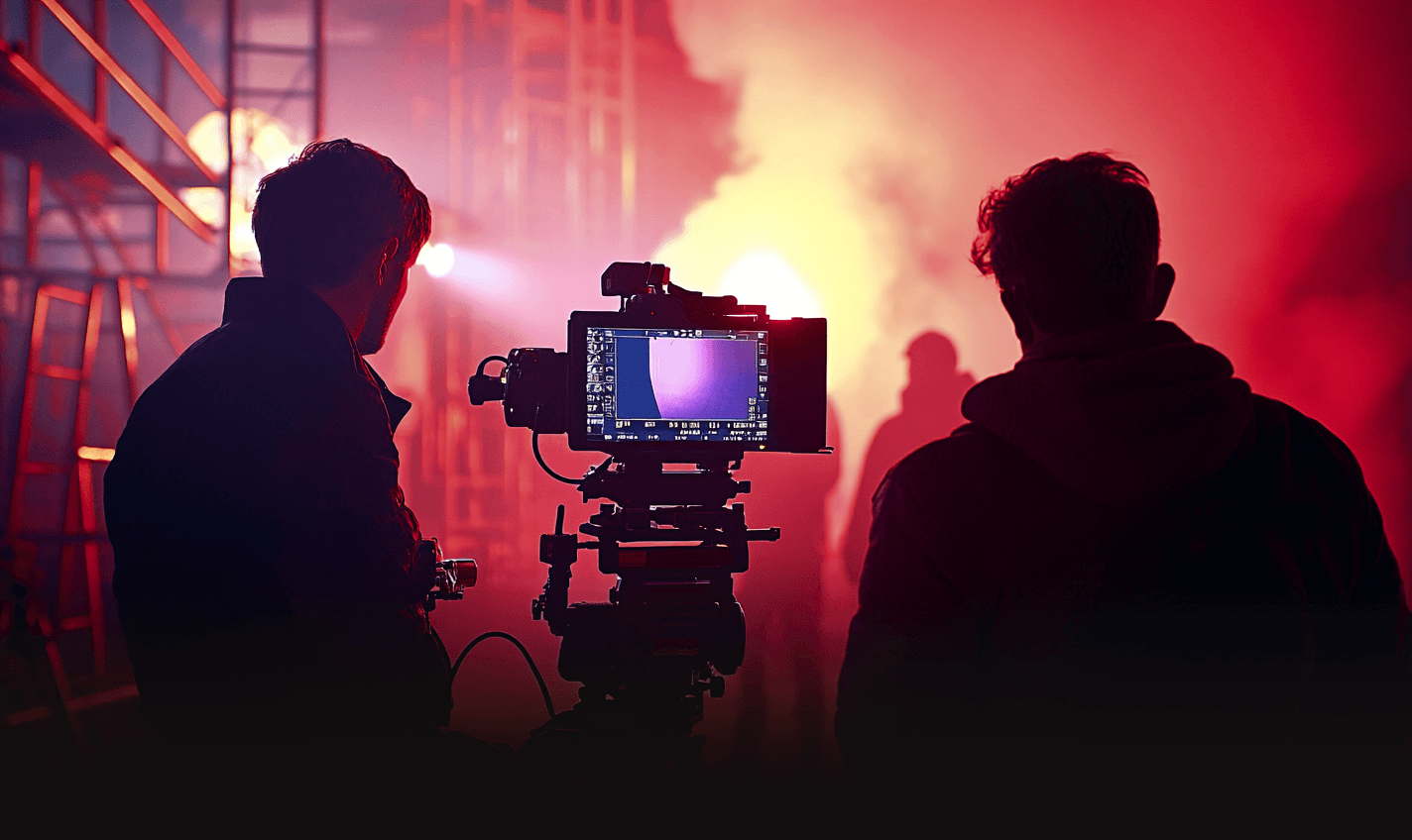 Film production with cinematic red lighting